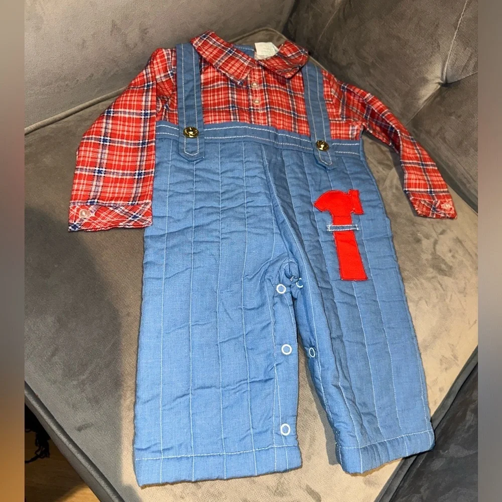 Tiny Tots Originals Puritan Red Plaid and Blue Kids Overalls with Patch